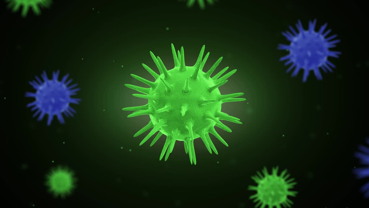 COVID-19 o coronavirus 2019. Animazione 3D in loop del virus Corona. Animazione 3D del virus su sfondo blu-rosso scuro, con elaborazione scura e blu.