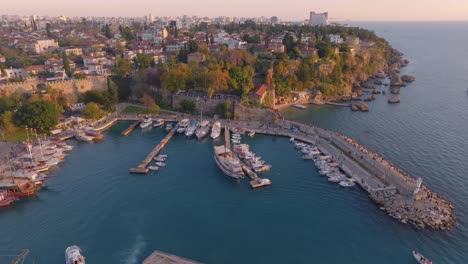 aerial view of antalya harbour at sunset