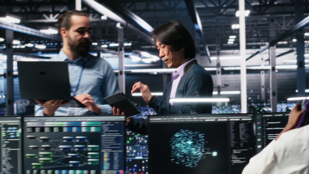 Data Center Manager Supervising Developer Using Device To Monitor Neural Network