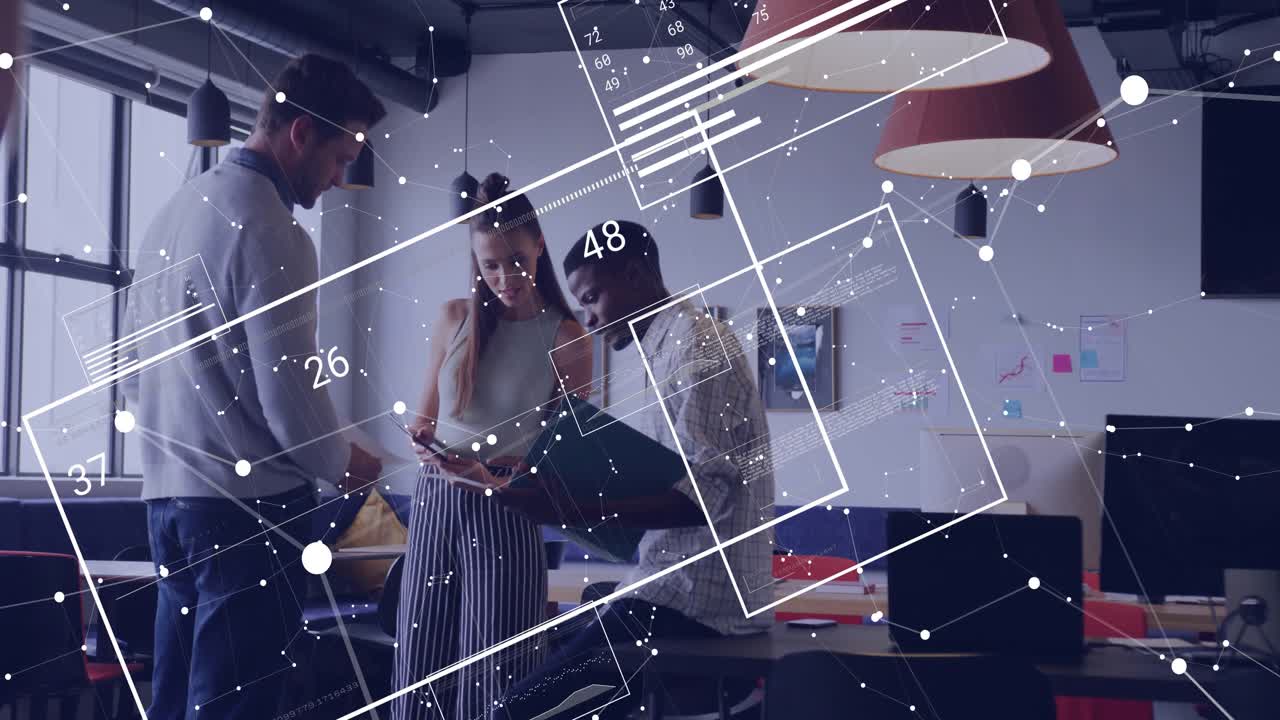 Team gathering at table, swiping tablet animating panels updating grids for business analysis
