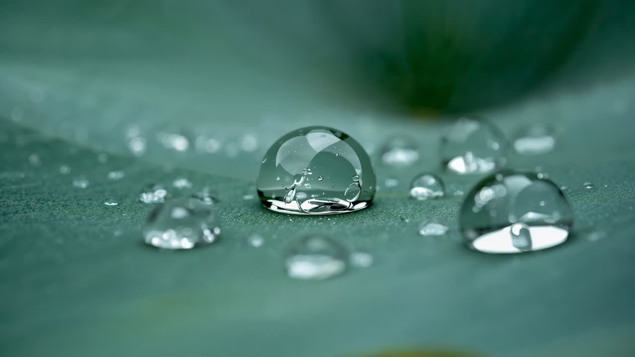 Adjusting focus lens revealing central drop on veined leaf, emphasizing right droplets' highlights