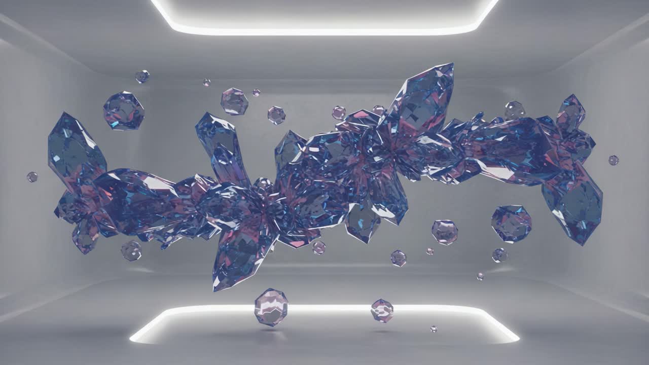 A Stunning Display of Abstract Crystals in a Minimalistic Environment, Showcasing the Transformations Between Vibrant Colors and Geometric Shapes in a Modern Aesthetic