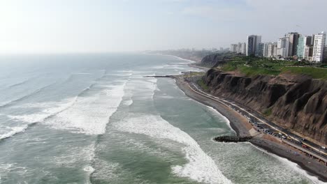 Static-4k-aerial-video-looking-over-the-magnificent-Pacific-west-coast-in-Miraflores,-Lima,-Peru