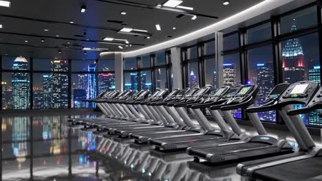 Several treadmills stand in a row in a modern gym with large windows offering a panoramic view of a brightly lit cityscape at night, creating a luxurious and motivating fitness environment