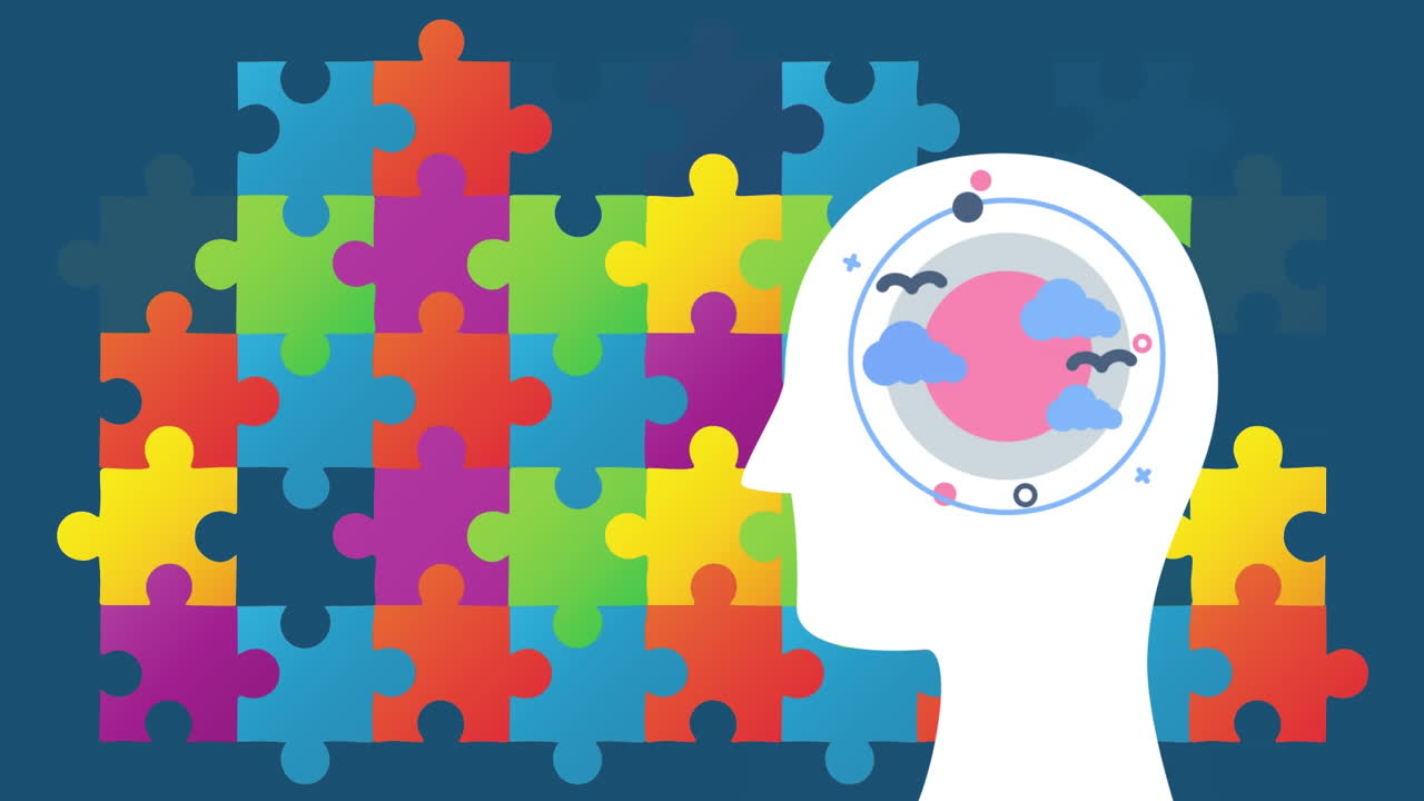 해양 배경에 다채로운 퍼즐 위에 새와 구름과 함께 인간 프로필의 애니메이션