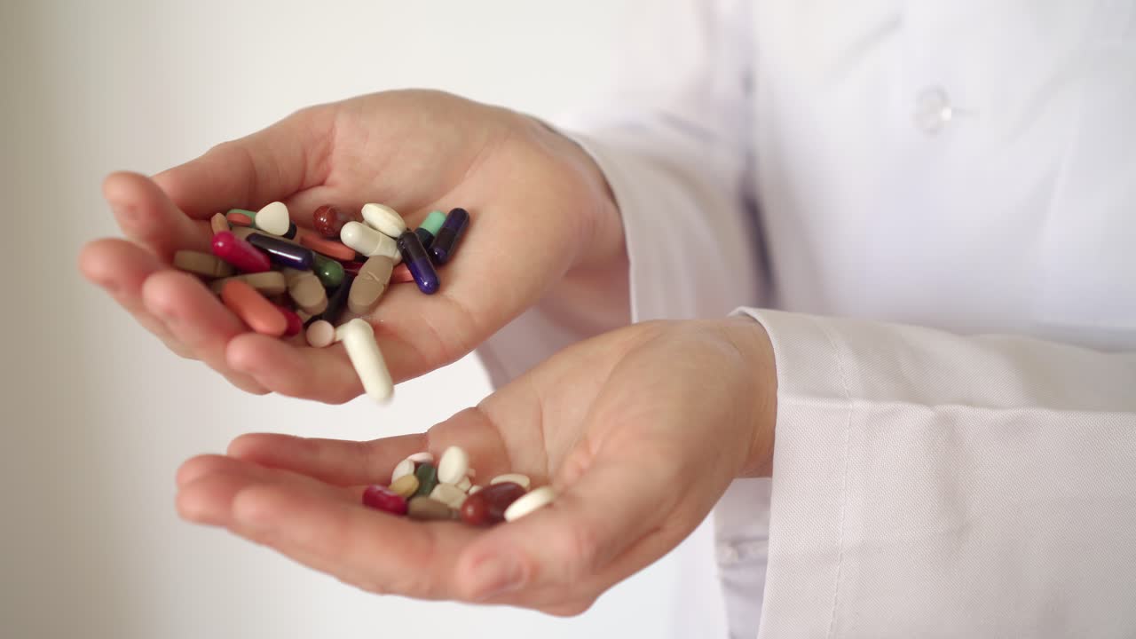 el médico vierte las pastillas de mano en mano