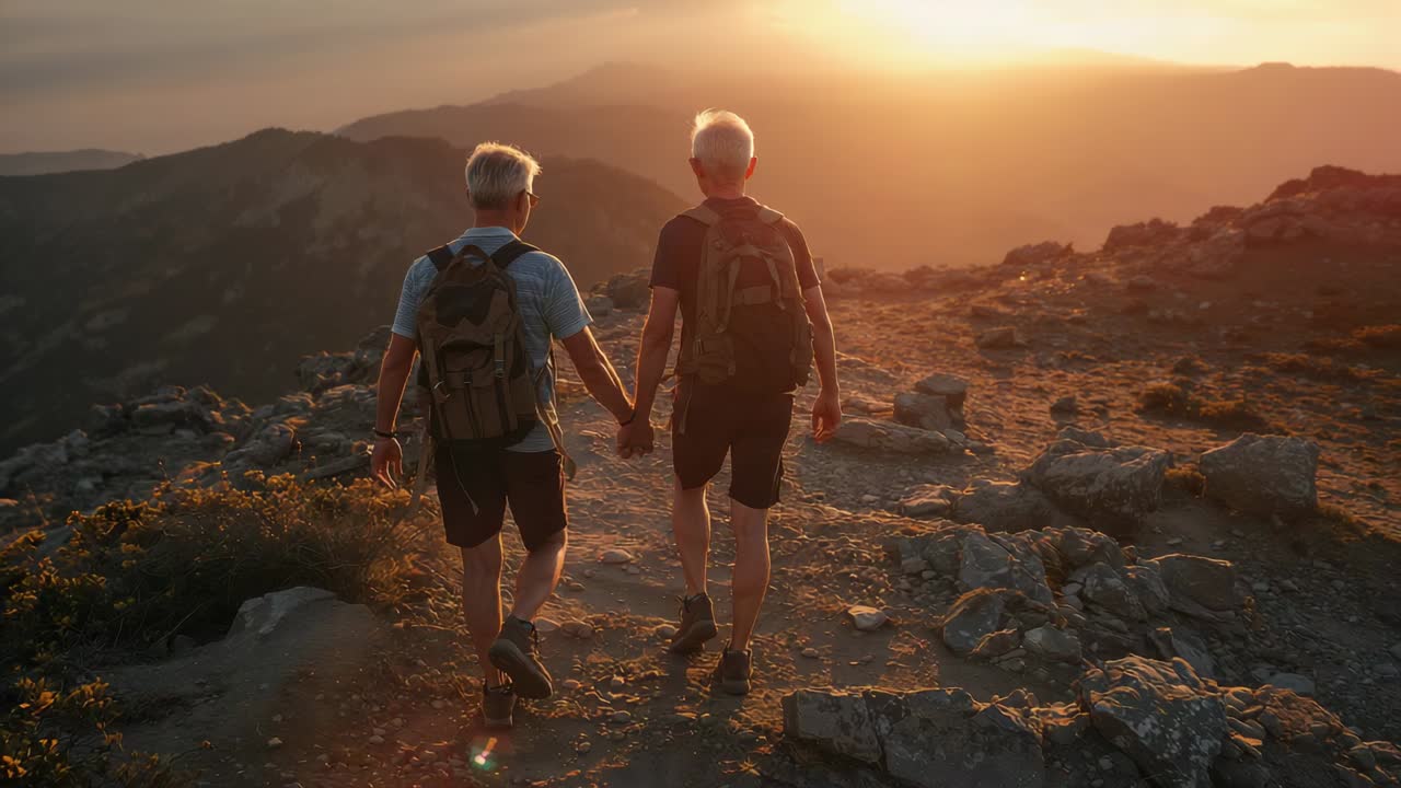 Walking senior men holding hands navigating ridge trail in hiking shirts, sun sinking packs bobbing