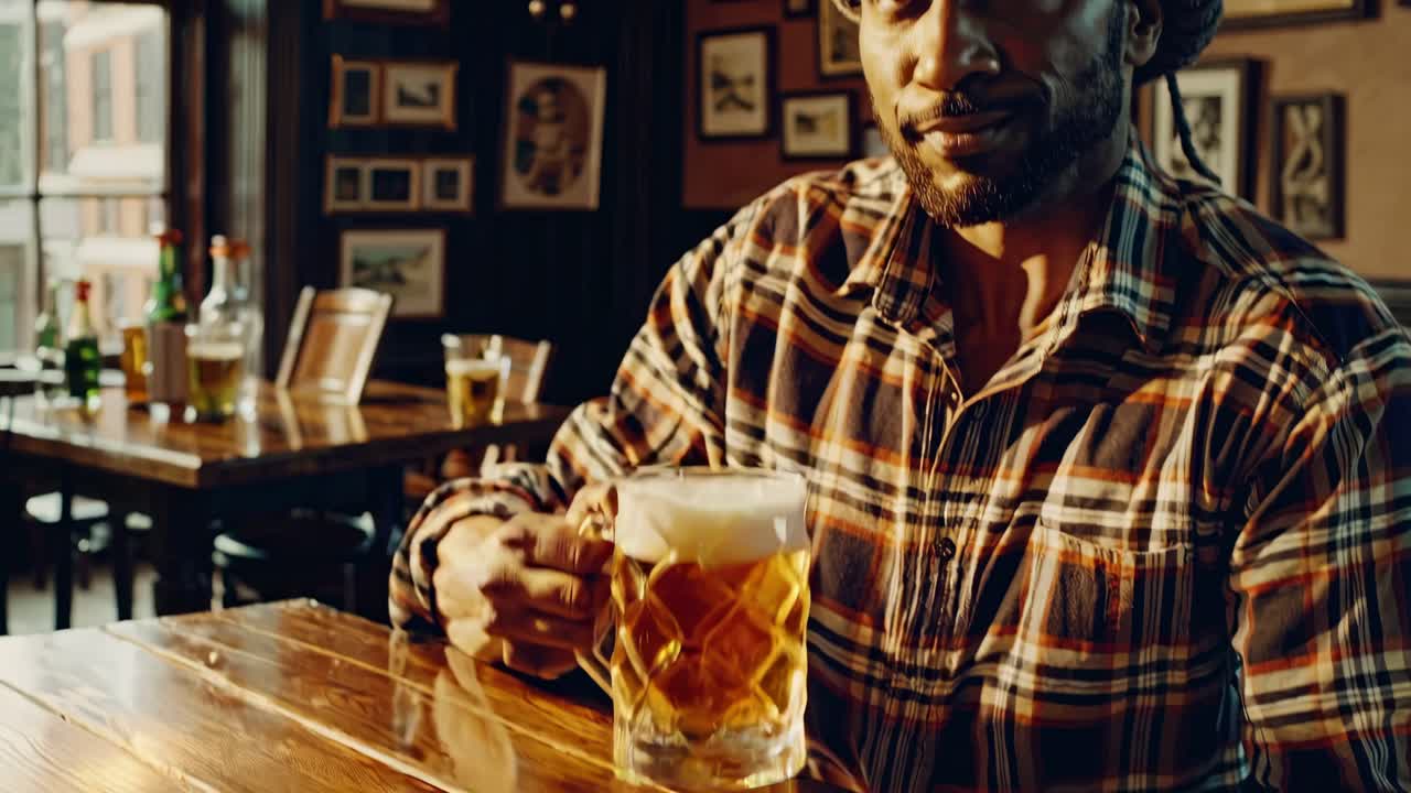 Man holding a glass of beer in a cozy pub, savoring a refreshing moment while surrounded by a warm and inviting atmosphere perfect for socializing with friends