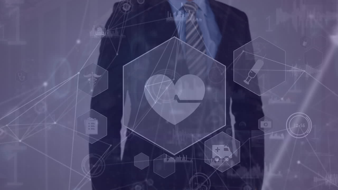 animación de la red de conexiones con iconos médicos sobre empresario caucásico usando pantalla