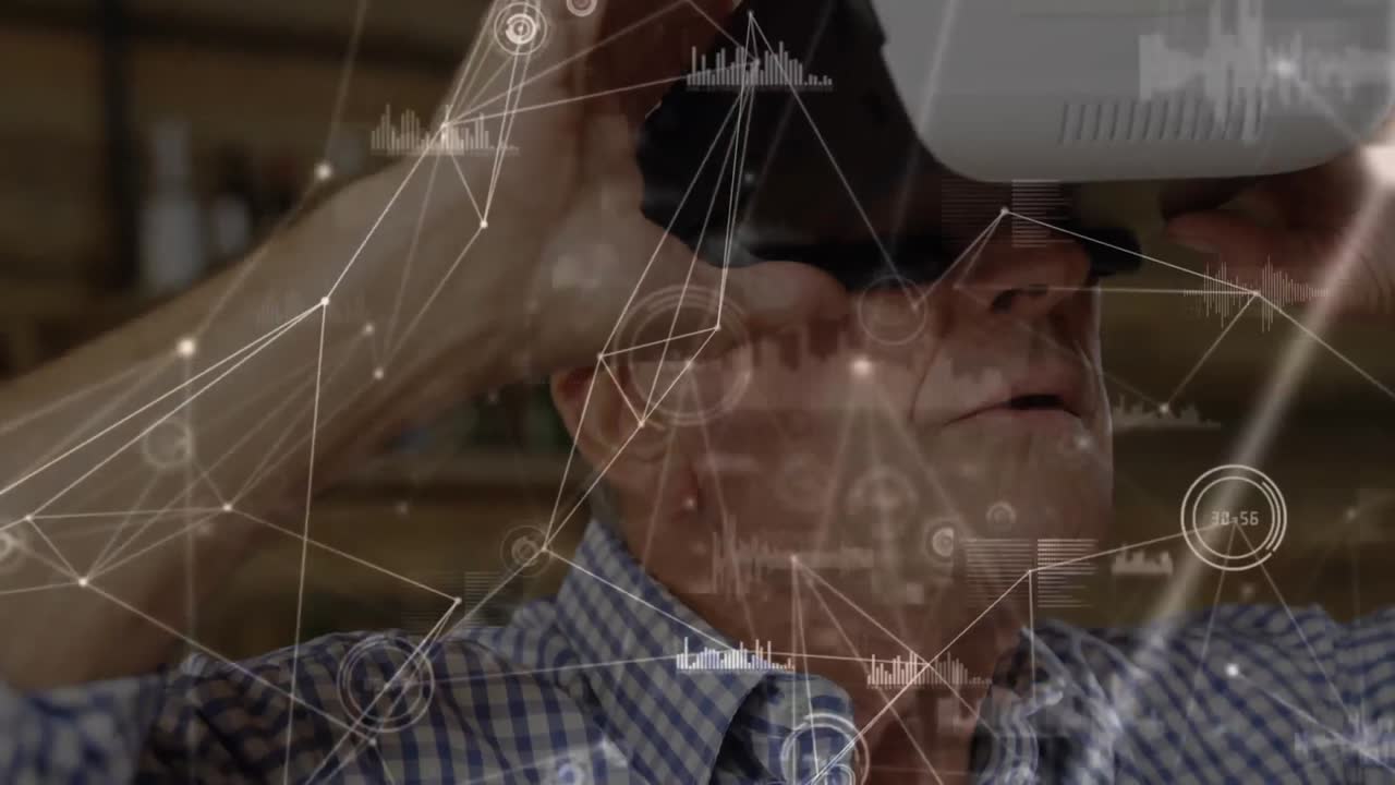 연결 네트워크의 애니메이션과 vr 헤드 ⁇ 을 착용하는 사업가에 대한 통계