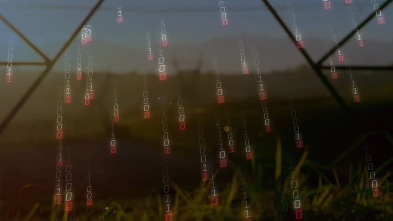 Binary code animation over scenic landscape with grass and distant hills
