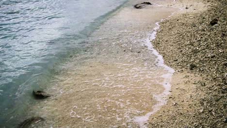 Suaves-Olas-Rompen-Y-Se-Extienden-Tranquilamente-A-Través-De-La-Playa-De-Arena-Dorada-Con-Piezas-De-Coral