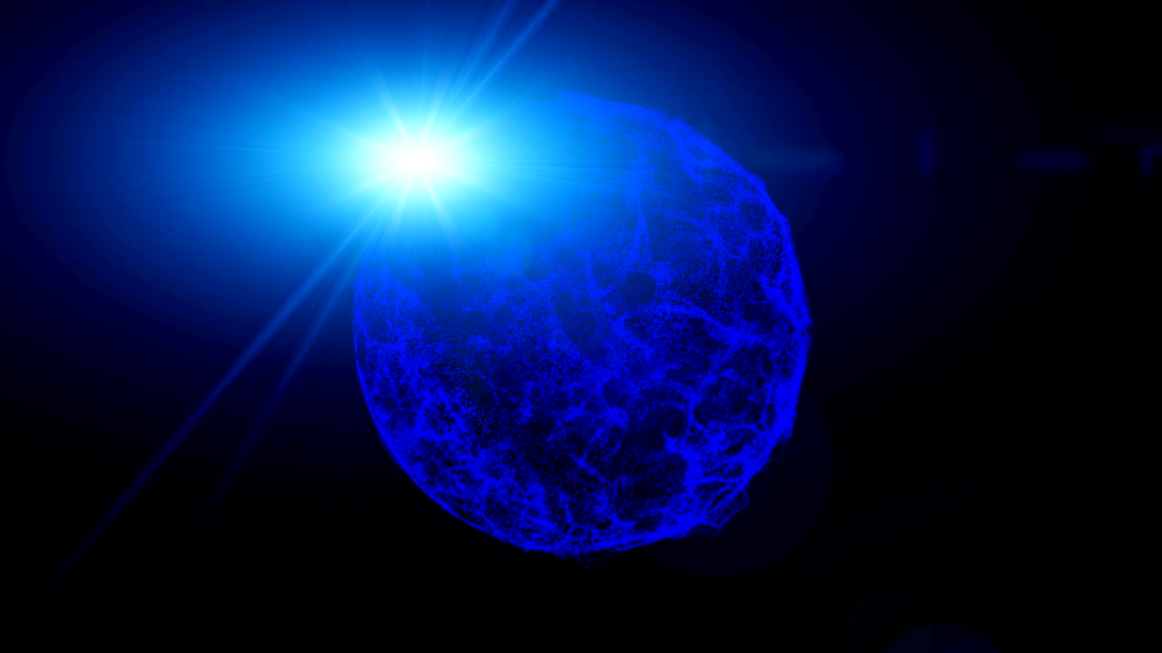 Pianeta blu in rotazione su sfondo spaziale.