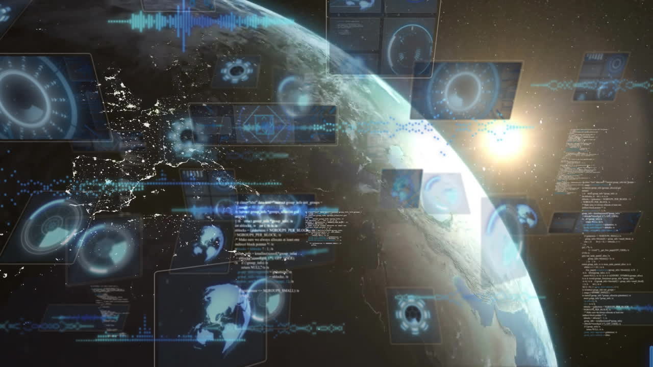 Animation of Earth from space showing glowing digital network connections