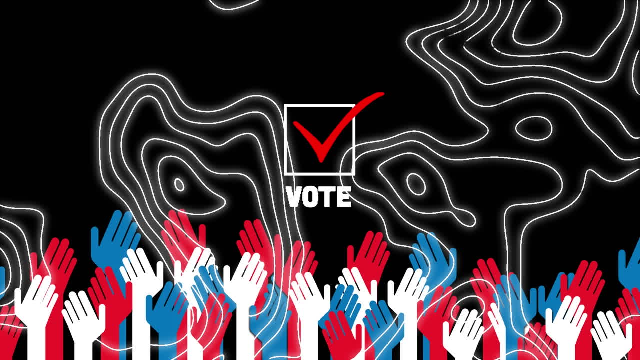 Animation of text vote, red tick over contour lines and hands in american flag colours