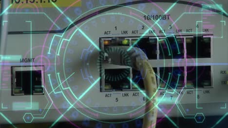 animation of scope scanning and data processing over close up of computer server