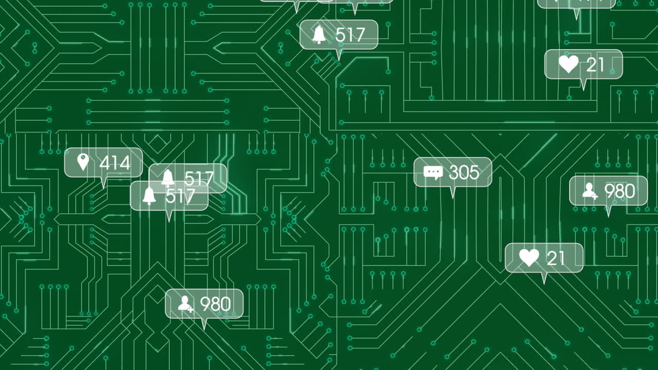 Animation of social media icons with growing numbers over computer circuit board