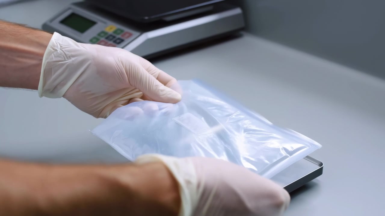 Primer plano de manos enguantadas colocando y alisando cuidadosamente una bolsa transparente sellada sobre una bandeja de acero inoxidable, encima de una balanza digital de mesa en un espacio de trabajo de laboratorio clínico limpio.