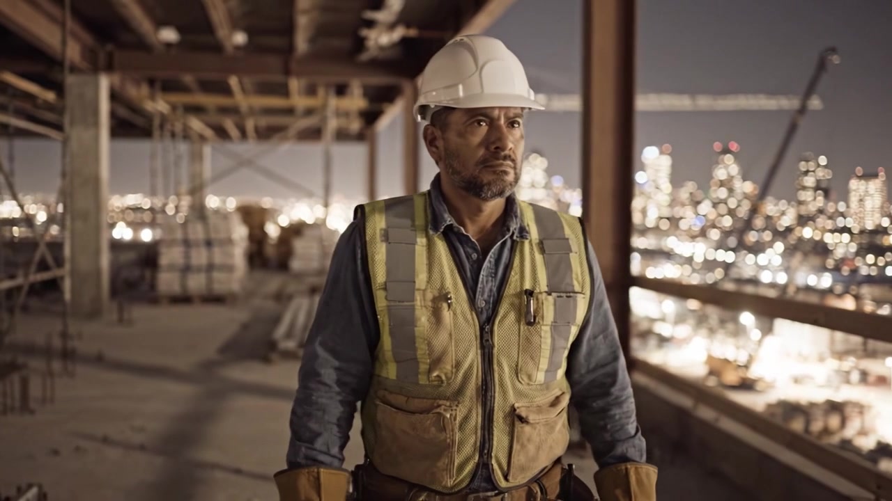 Un operaio edile dedicato ispeziona il cantiere di notte, circondato da un vivace skyline cittadino e illuminato dalle luci brillanti della città sullo sfondo.