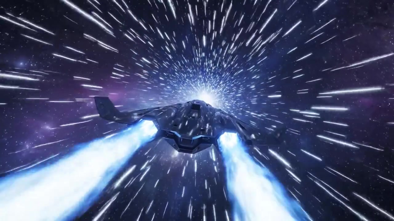 Astronave Futuristica Che Sfreccia Attraverso un Wormhole Cosmico con Scie Luminose Dinamiche su uno Sfondo Mozzafiato di Galassia