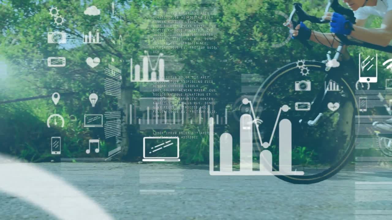 도로에서 자전거를 타고 다니는 백인 여성 자전거 타자에 대한 데이터 처리 화면의 애니메이션