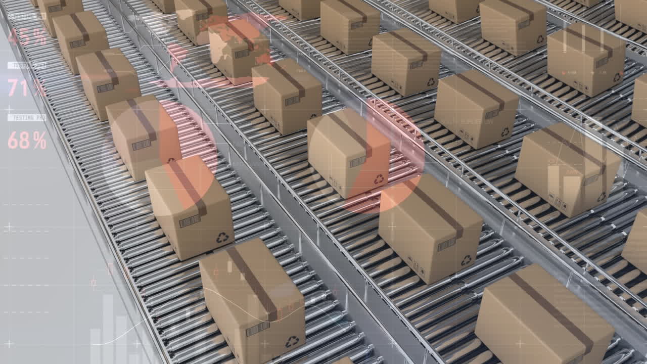 animación del procesamiento de datos estadísticos sobre cajas en una cinta transportadora contra un fondo gris