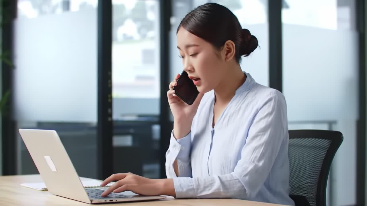 Focused Professional Engaging in a Phone Conversation While Using a Laptop in a Modern Office Environment, Portraying Productivity and Communication Skills