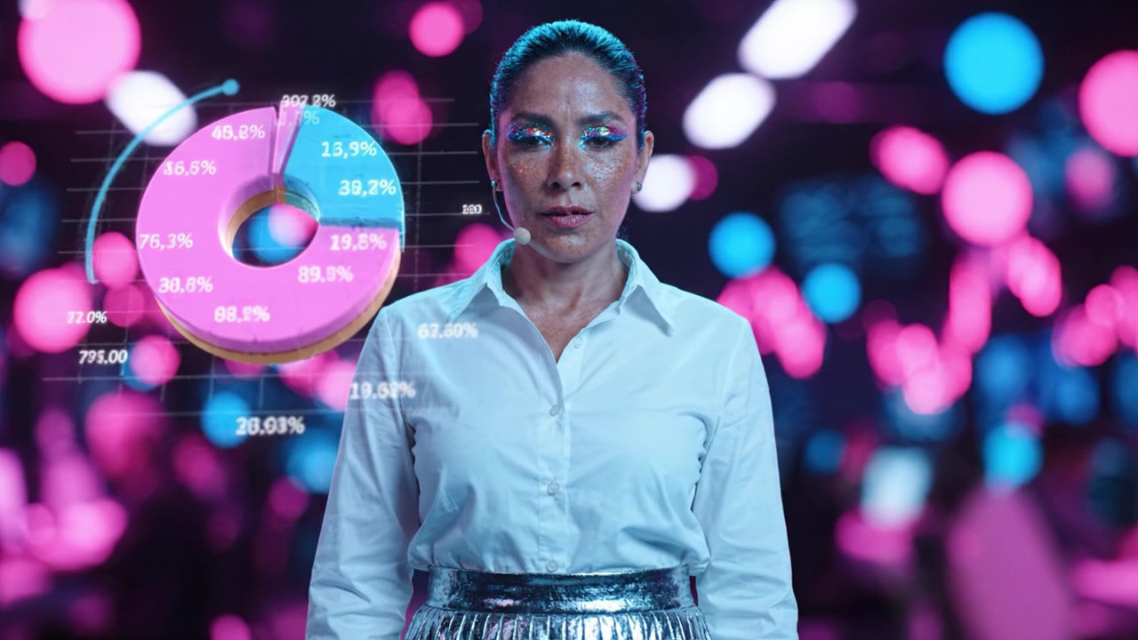 A poised woman gazes directly at the camera, surrounded by a vibrant backdrop of pink and blue lights, representing a blend of confidence and digital innovation.