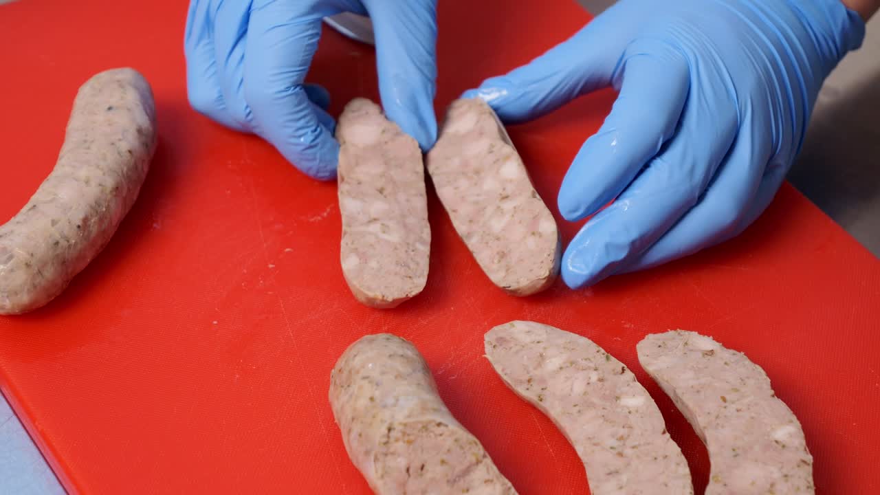 The butcher tests the produced sausage by slicing it in half with a sharp knife