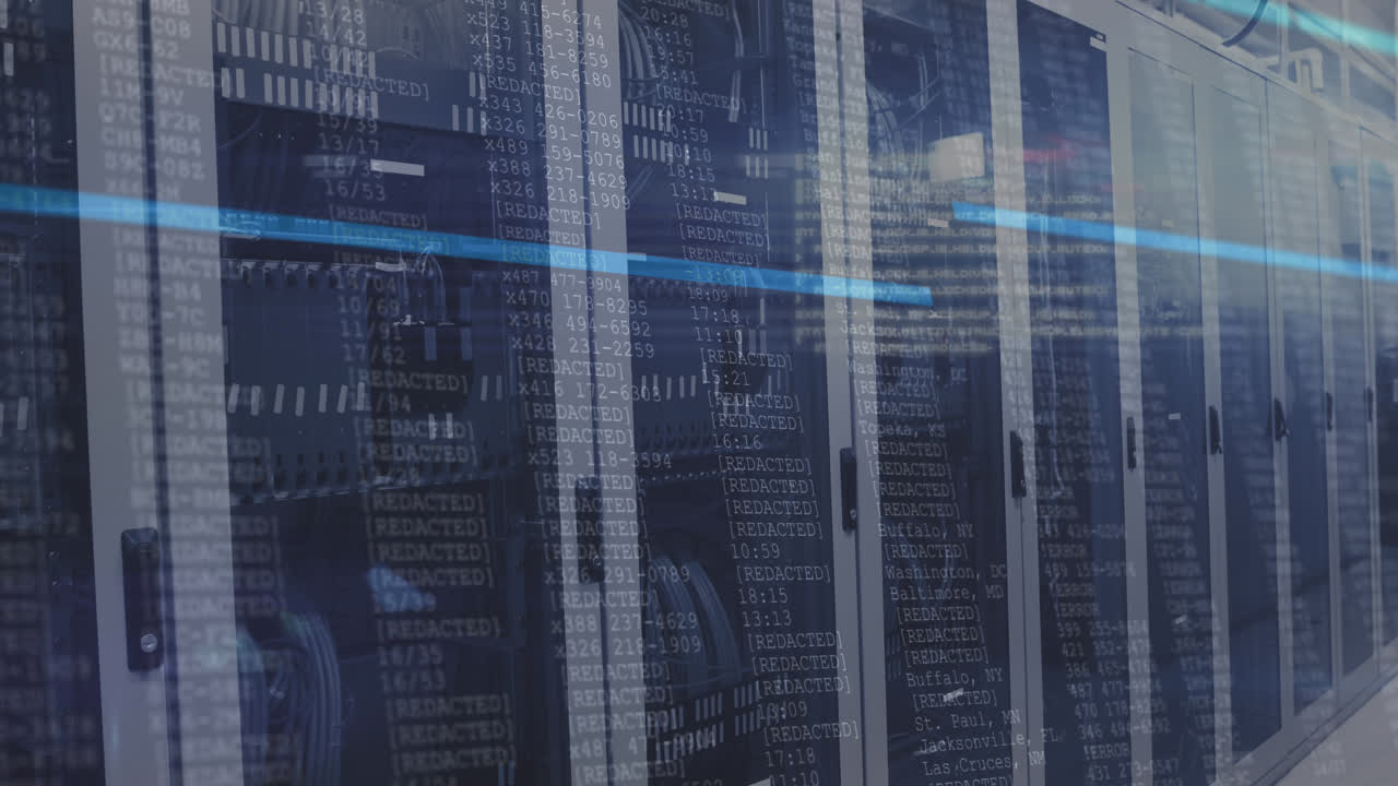 Animation of data processing on screens over tech room with computer servers