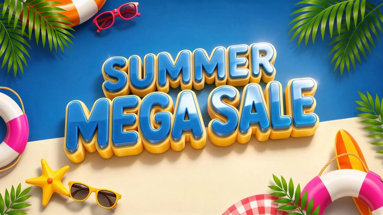 Farverig Hej Sommer tropisk typografi animation med strandelementer, livlig sæsonkampagne design