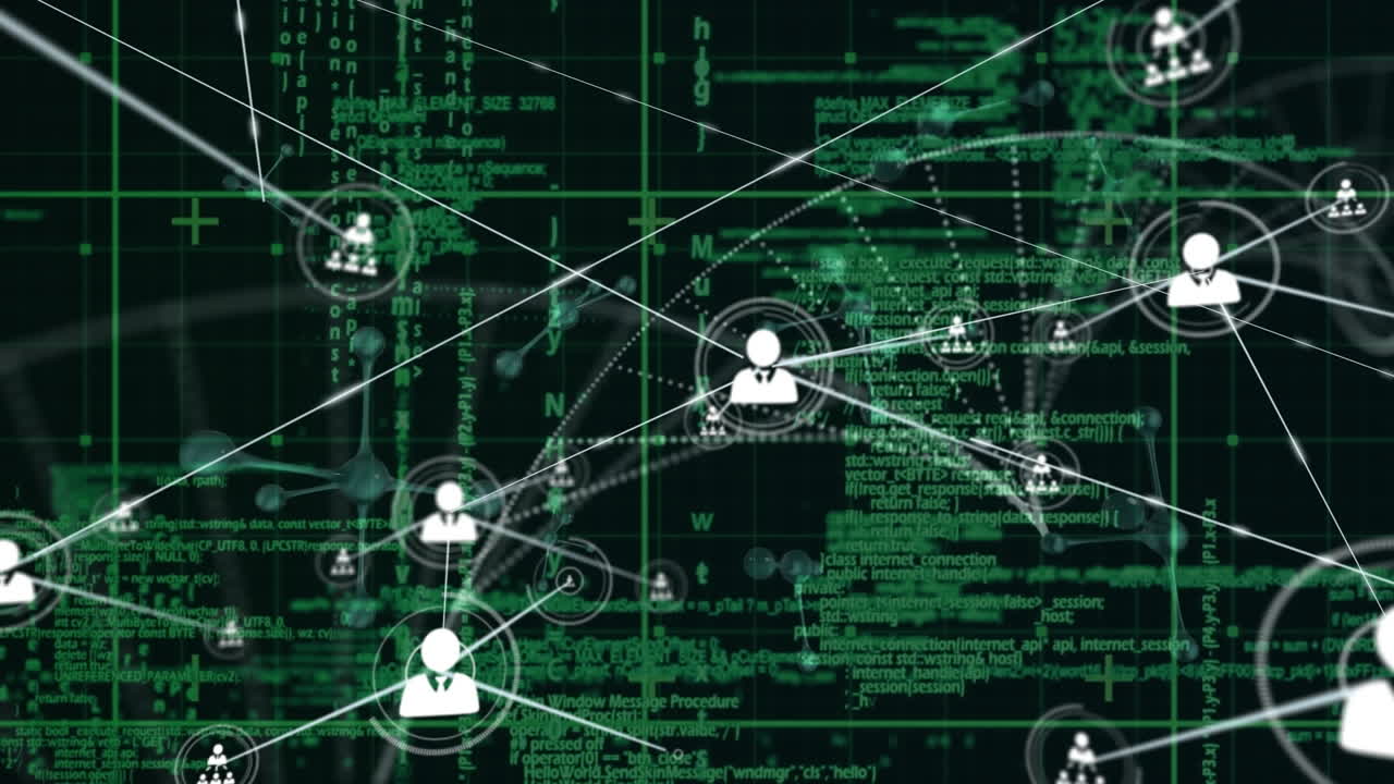 animación de la red de iconos de perfil y procesamiento de datos a través de la red de cuadrícula sobre fondo negro.