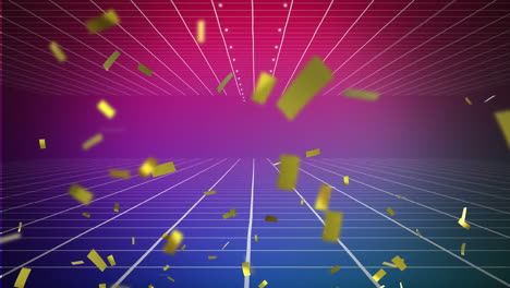 animación de confeti dorado cayendo sobre la red de cuadrícula contra un fondo de gradiente púrpura