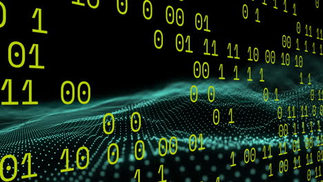 binary coding data processing over green digital wave floating against black background