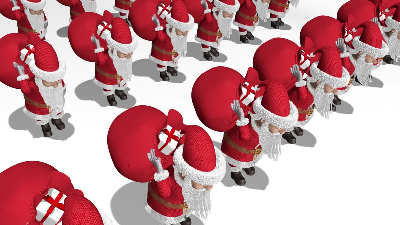 산타클로스 군대는 선물 가방을 가지고 있습니다. 메리 크리스마스 및 행복한 새해 2020 애니메이션.
