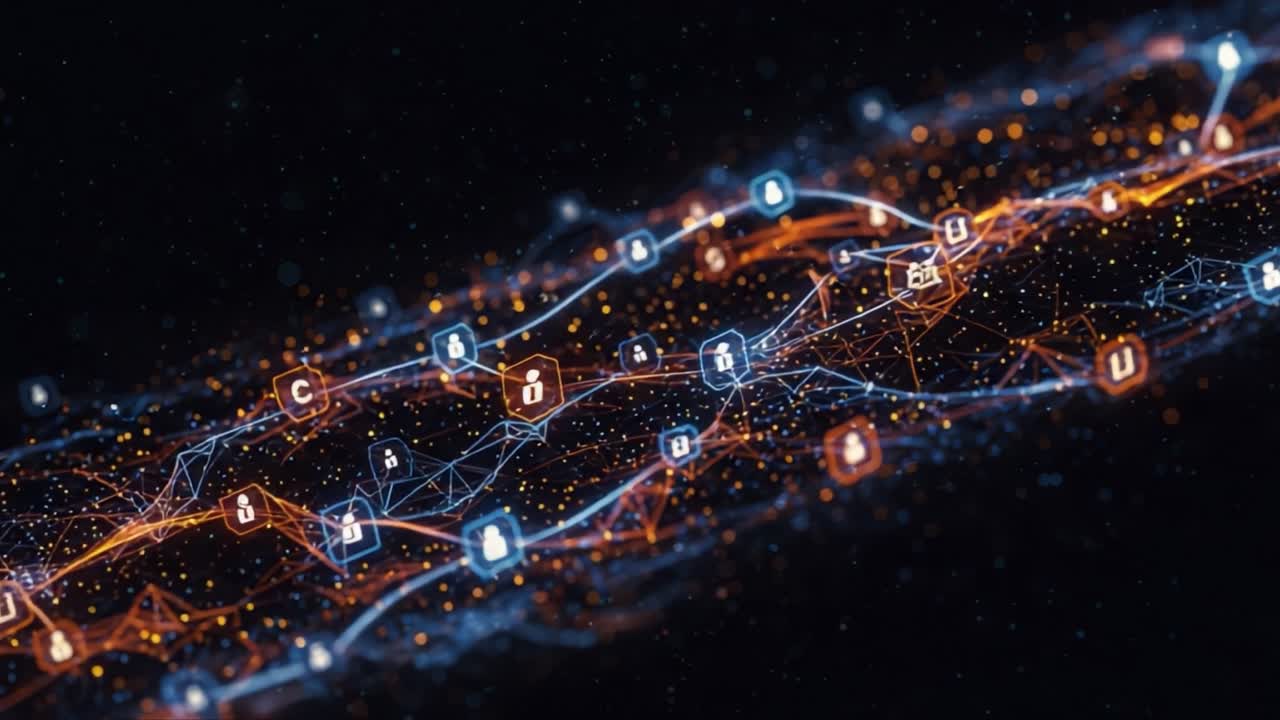 Dynamic Visualization of Interconnected Digital Nodes Representing Data Flow and Cybersecurity Measures in a Futuristic Network Environment