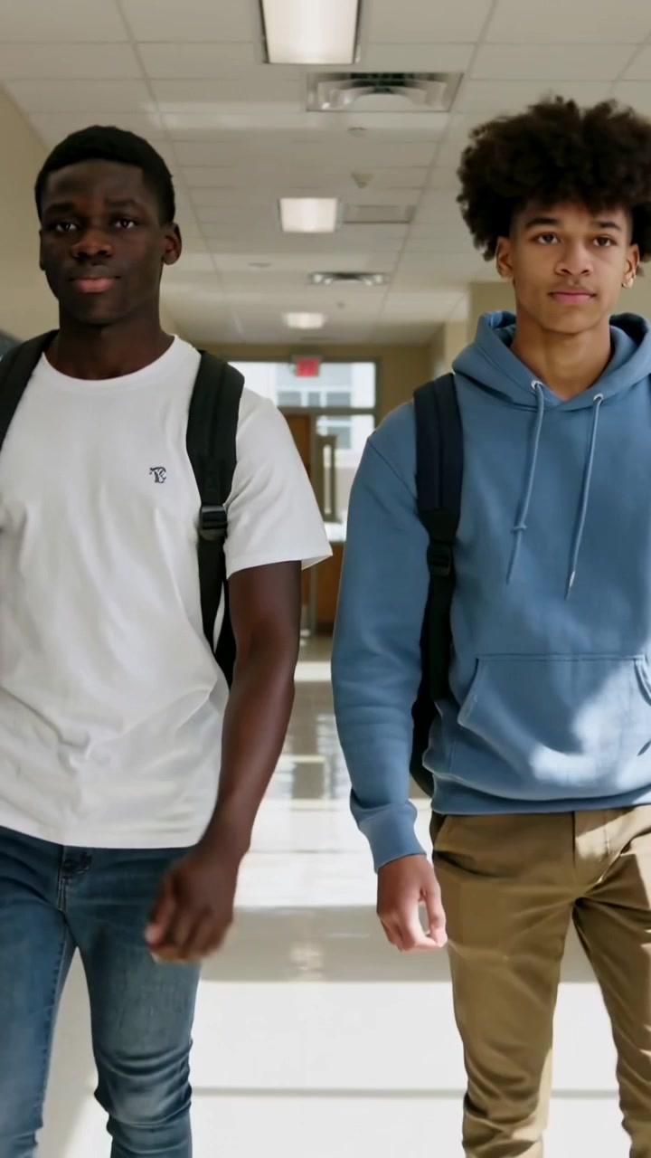 Vídeo vertical: Dois adolescentes caminhando de camiseta branca e moletom azul, carregando mochilas pelo corredor da escola