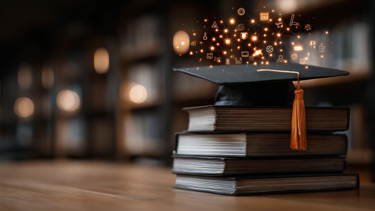A Graduation Cap on Stacked Books Represents the Journey of Knowledge, Illuminated by Symbols of Learning and Innovation in a Cozy Library Setting