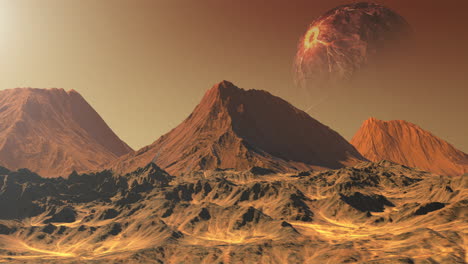 alien planet with volcanic mountains and a stormy planet