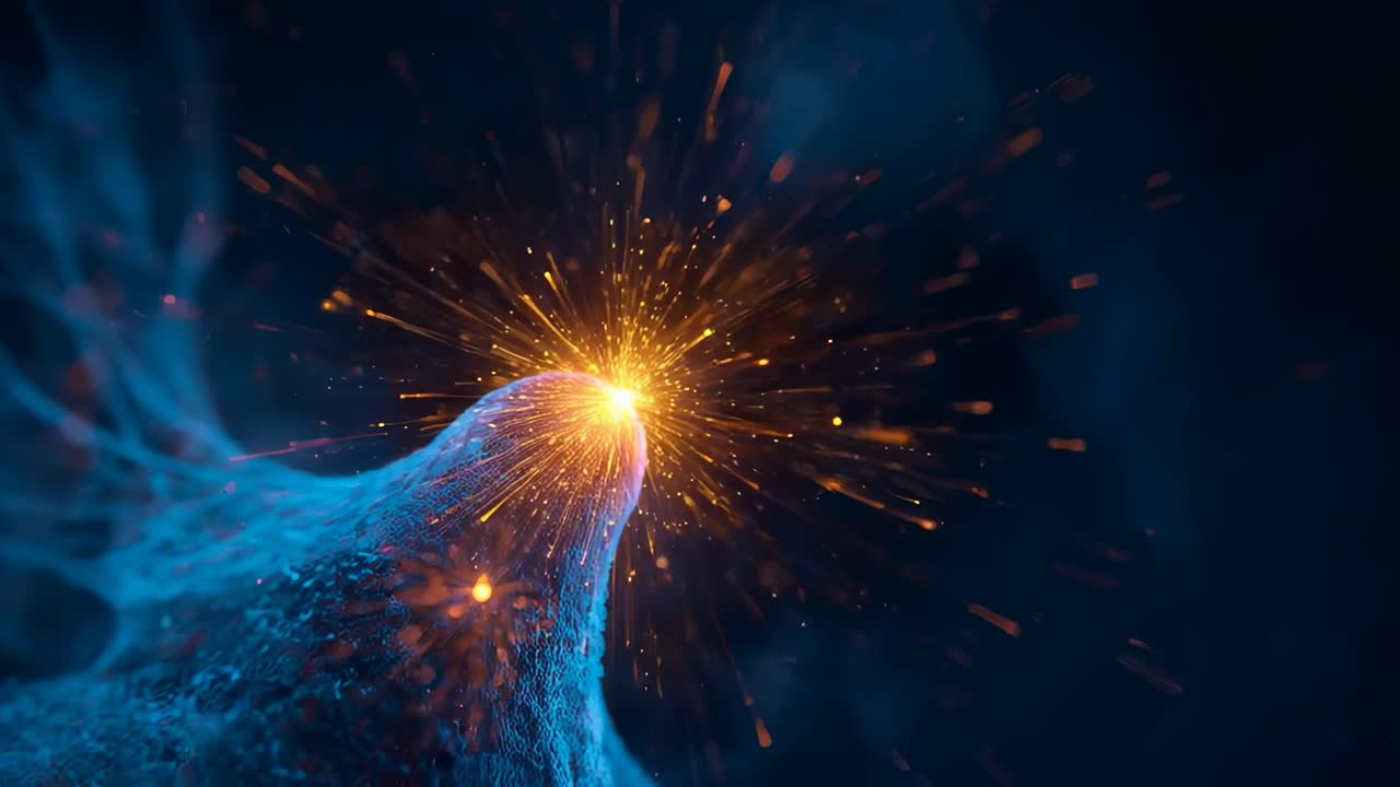 Nucleo arancione incandescente che si accende sulla punta del filamento blu, illuminandosi ed emettendo scintille radiali verso l'esterno
