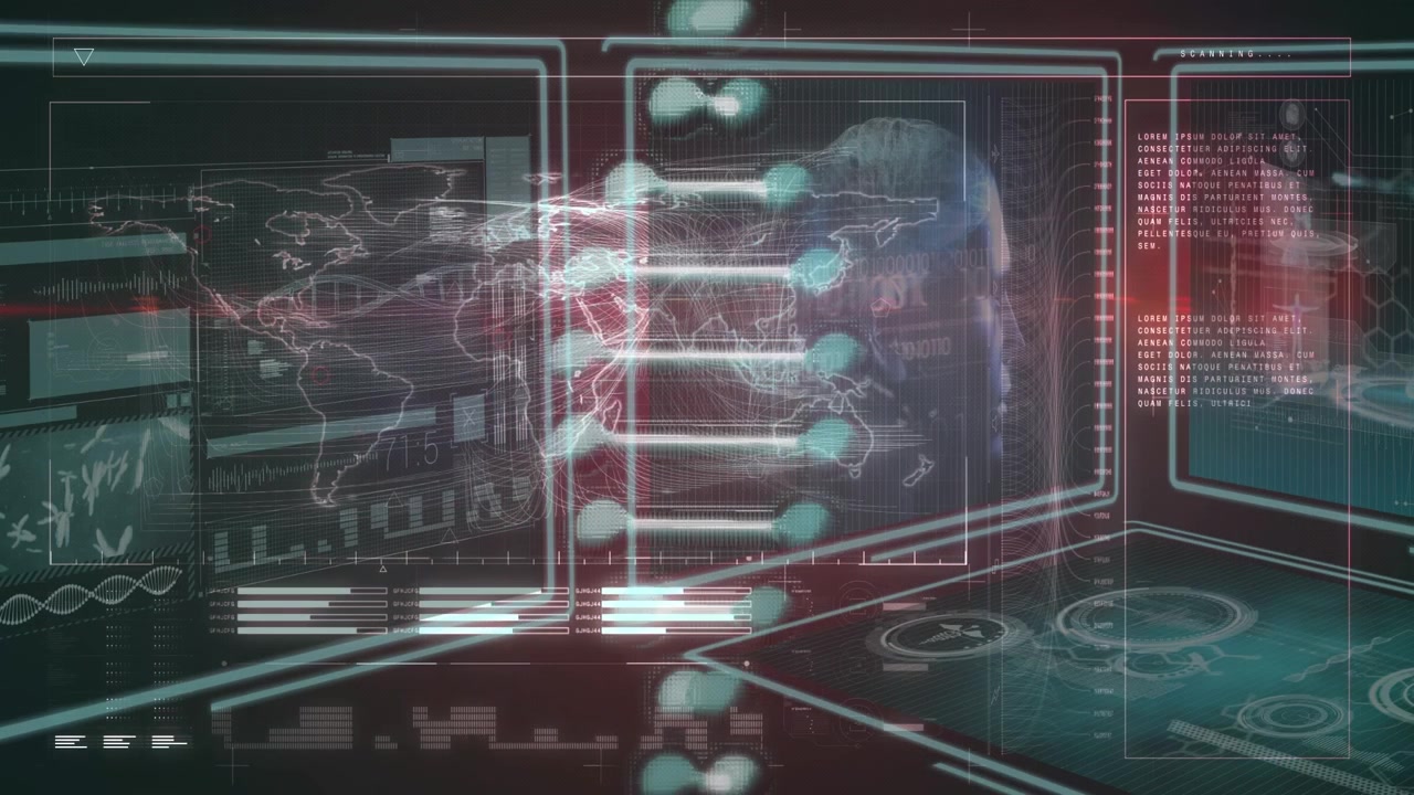 Animation of spinning dna strand over data processing on screens