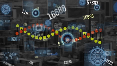 animación de la cadena de adn, escaneo de ámbitos y procesamiento de datos financieros.