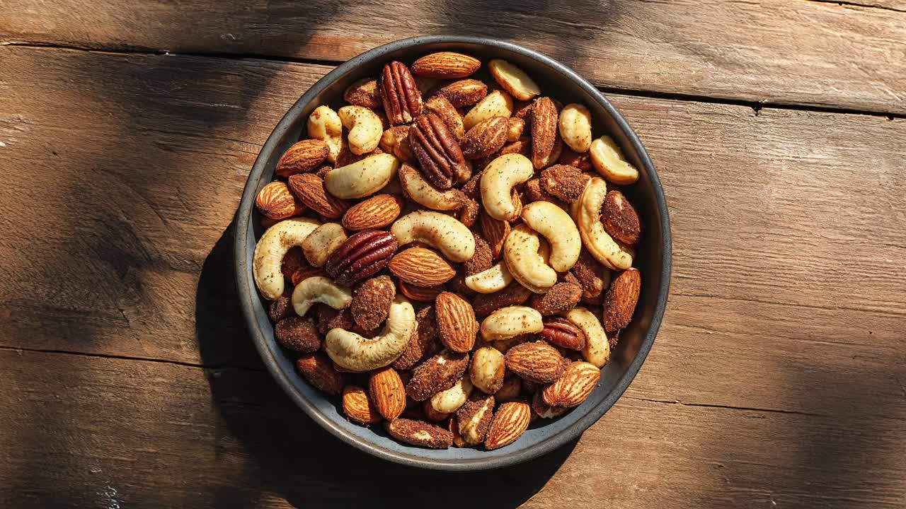 Assorted Mixed Nuts in Bowl on Wooden Table Surface