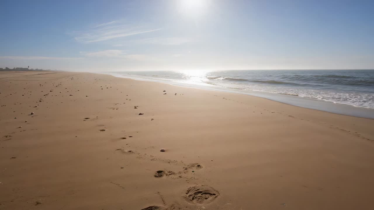 Panorering af kamera, der viser sandstrand, bølger på stranden afslører skvulpende bølger, aftryk og vådt sand