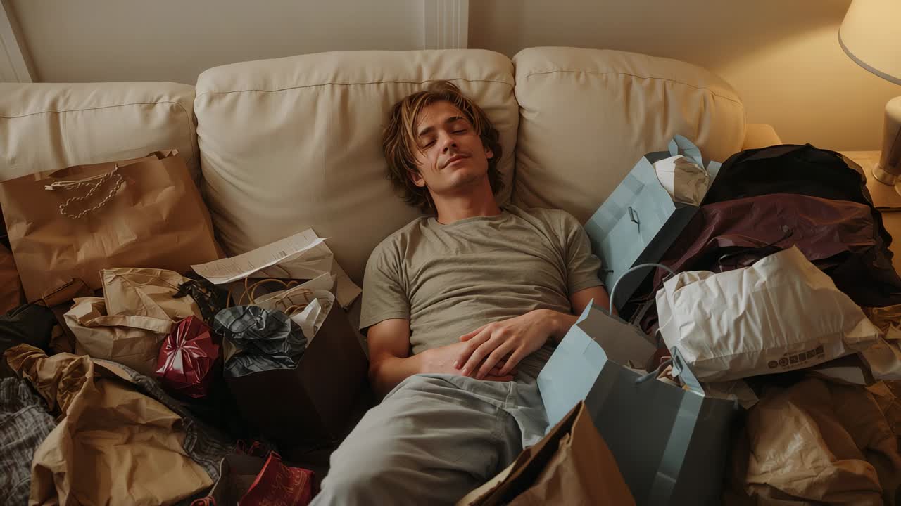 Man reclining casual T-shirt and pants resting after shopping on cream couch with bags and gifts