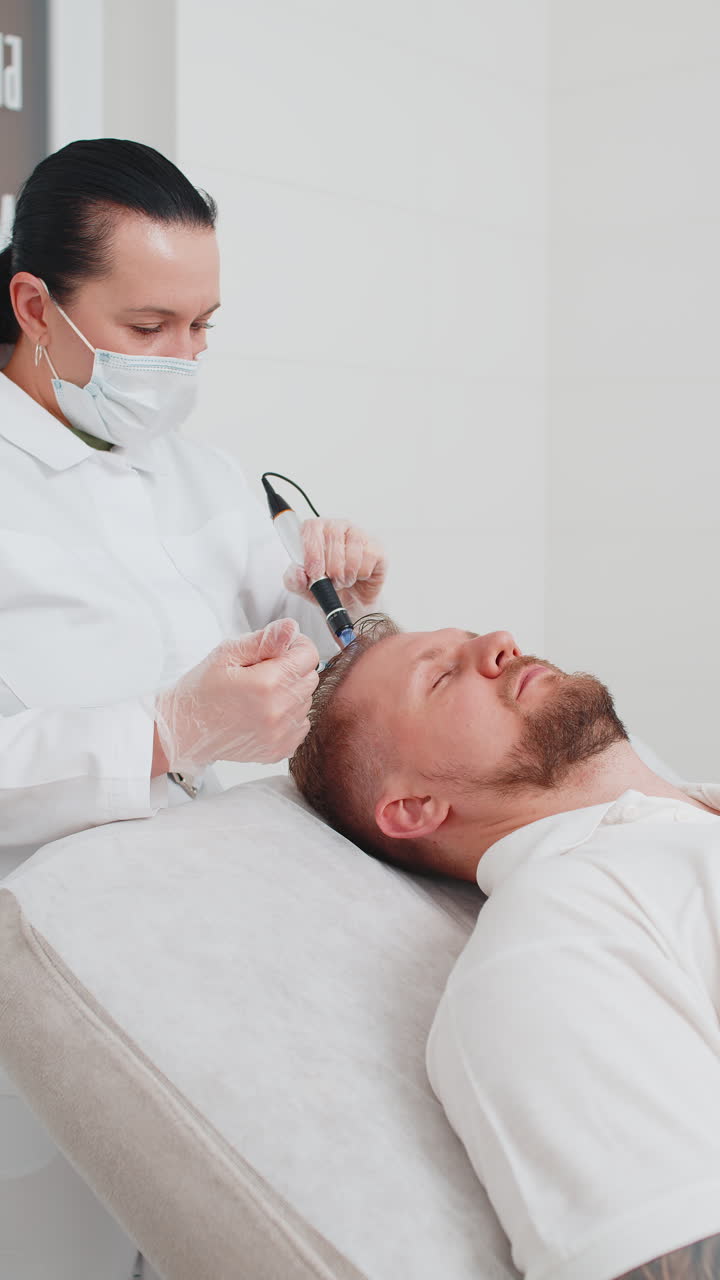 tricólogo haciendo hombre mejorar el crecimiento del cabello procedimiento dermapen microneedling inyecciones de vitaminas