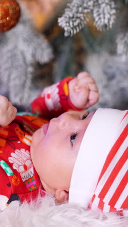 nice little toddler in red outfit and red stripy cone hat lies on a soft white plaid. adorable baby in costume under christmas tree. blurred backdrop. vertical video