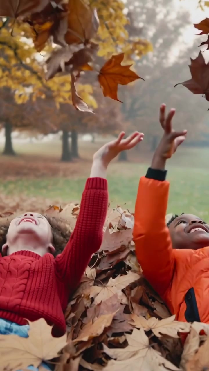 Video verticale: Inquadratura dal basso, due bambini che lanciano foglie su un cumulo di foglie nel parco, giocando, con indosso un maglione rosso.