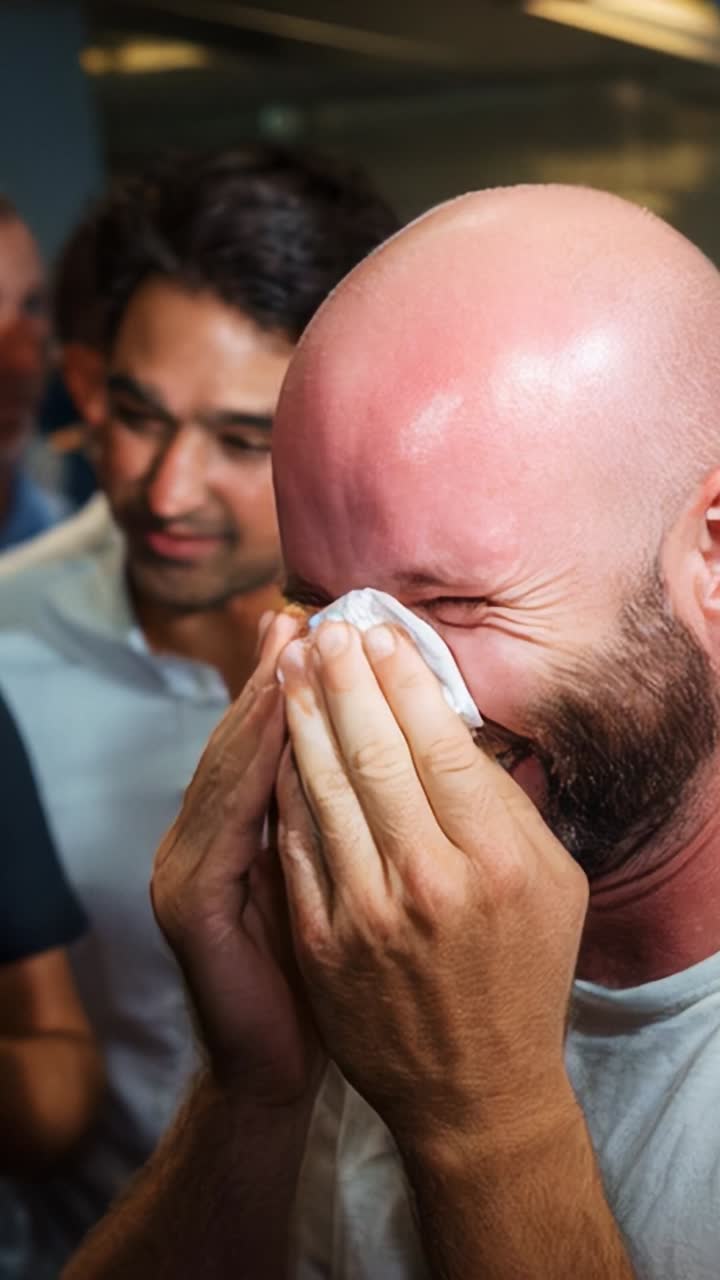 Emozioni gioiose catturate: un uomo esprime felicità e risate mentre festeggia con gli amici in un ambiente vivace