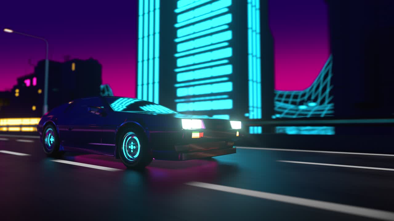 80 년대 레트로 배경 3d 루프 애니메이션: 네온 도시를 통해 미래의 자동차 드라이브
